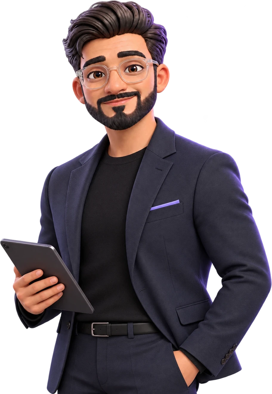 Illustrated portrait of Zain Ali in a navy blazer, holding a tablet